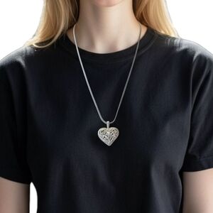 Vintage Sterling Silver Puffy Filigree Heart Pendant Necklace Chain Estate 17"